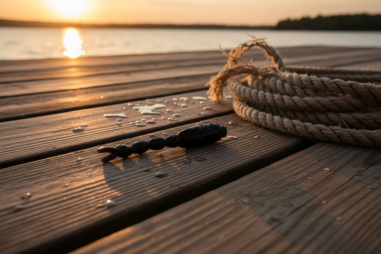 Black soft plastic fishing bait on weathered dock at golden hour